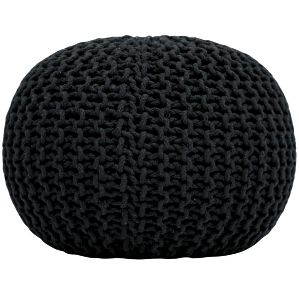 Knitted Round Pouf Ottoman - 100% Cotton Pouf - Handmade Foot Rest for Living Room - Knitted Macrame Foot Stool - Hand Knit Bean Bag- (19 Diameter X 14 Height): Black