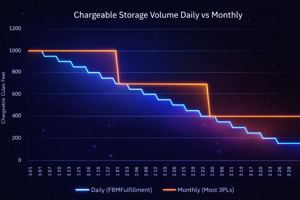 Graph comparing Monthly vs Daily Storage Fee Calculation