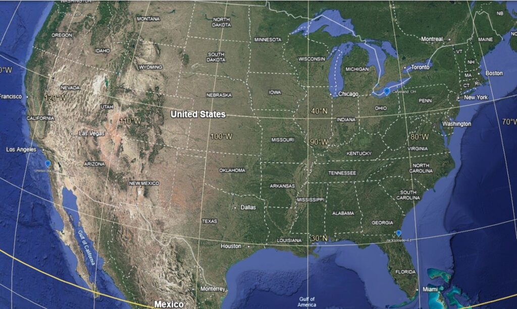USA map showing longitude of Jacksonville, FL Relative to Clevelandm OH